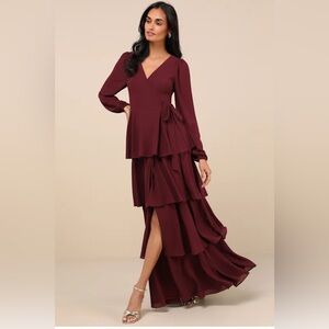 NWT Marvelous Grace Plum Long Sleeve Tiered Wrap Maxi Dress